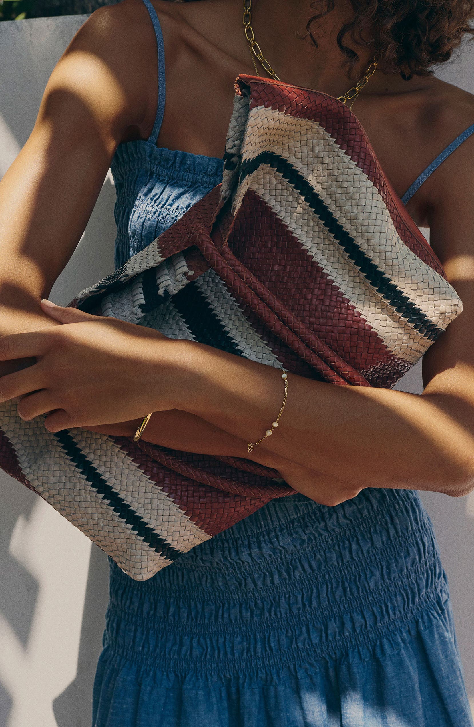Madewell Leather Stripe Woven Tote, Alternate, color, Dusty Redwood Multi
