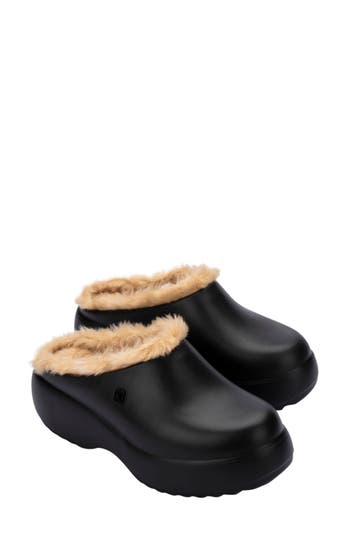 Melissa Free Fluffy Faux Fur Lined Clog In Black/beige