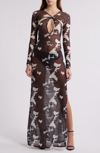 NASTY GAL NASTY GAL CUT OUT COW PRINT MESH MAXI DRESS