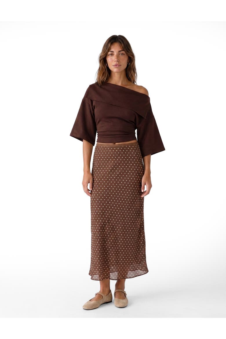 Polka Dot Flared Midi Satin Skirt, Alternate, color, BROWN DESIGN