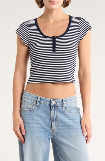 Abound Cap Sleeve Crop Organic Cotton & Cashmere Henley In Multi