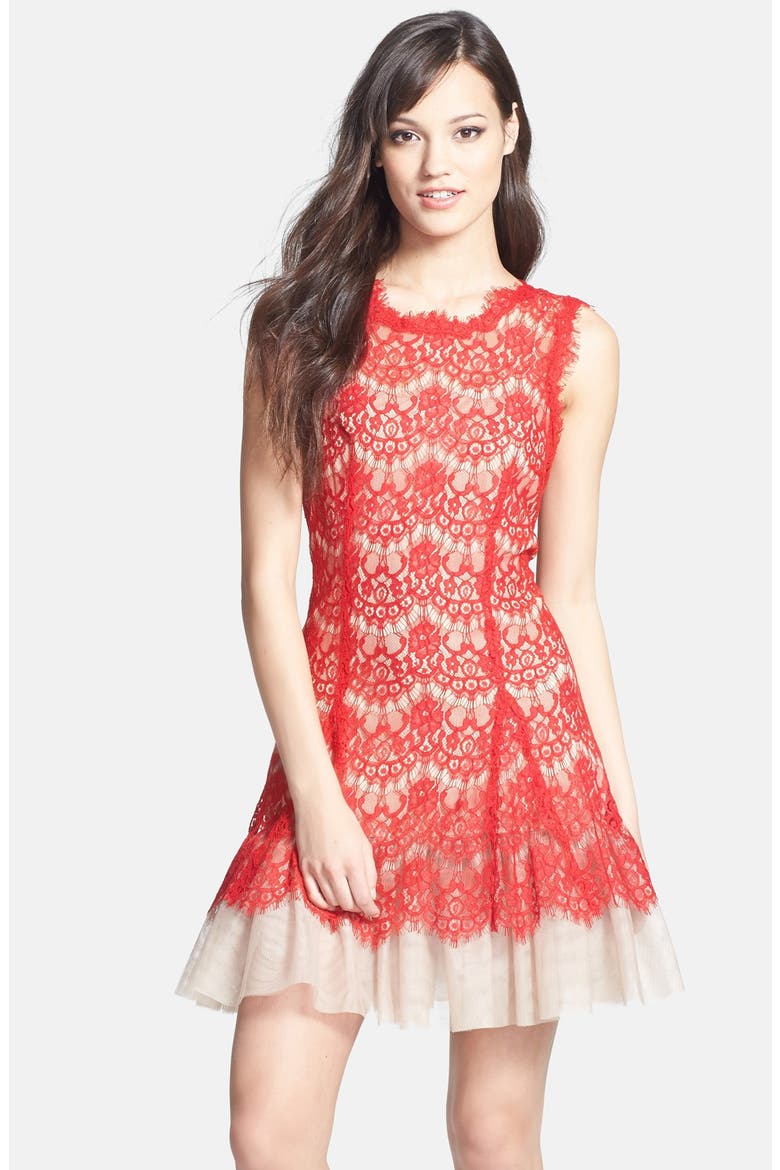Sleeveless Lace Fit & Flare Dress, Main, color, RED/ TAUPE
