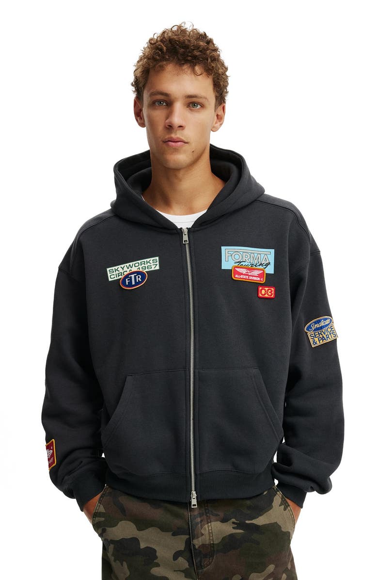 Cotton On Men's Cropped Zip Up Graphic Hoodie, Alternate, color, Washed Black  Skyworks