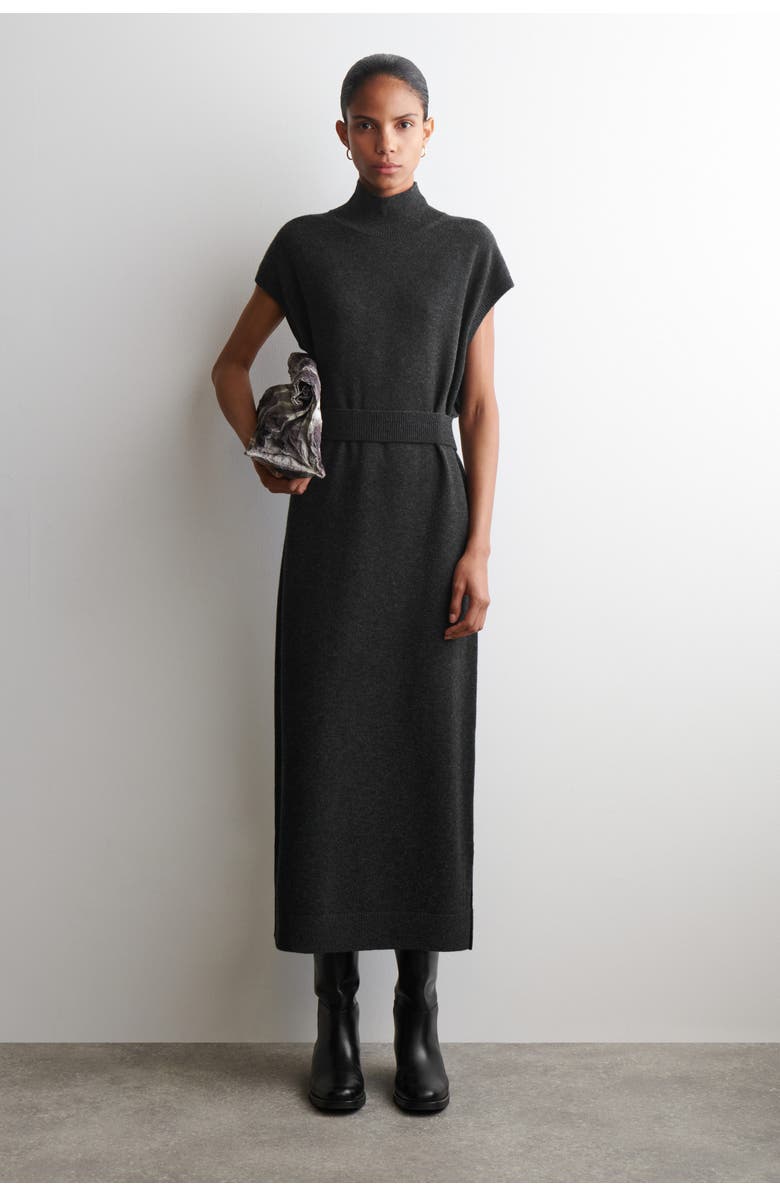 COS Belt-detail Merino Wool Funnel-neck Dress, Main, color, Dark-Gray Mélange