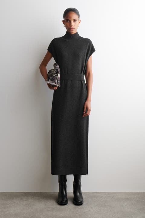 Belt-detail Merino Wool Funnel-neck Dress