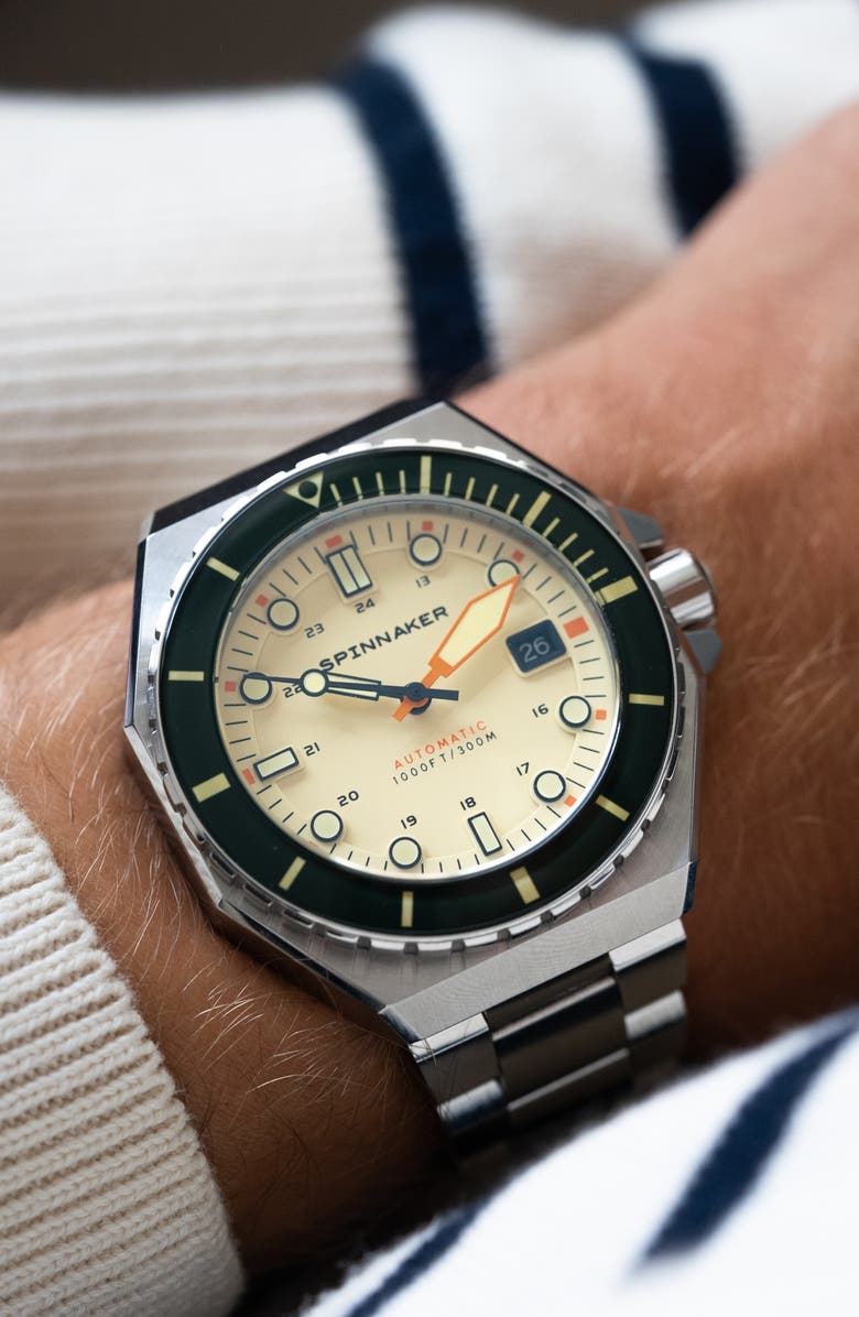 SPINNAKER Dumas Automatic Bracelet Watch, 44mm, Alternate, color, Cream/ Silver