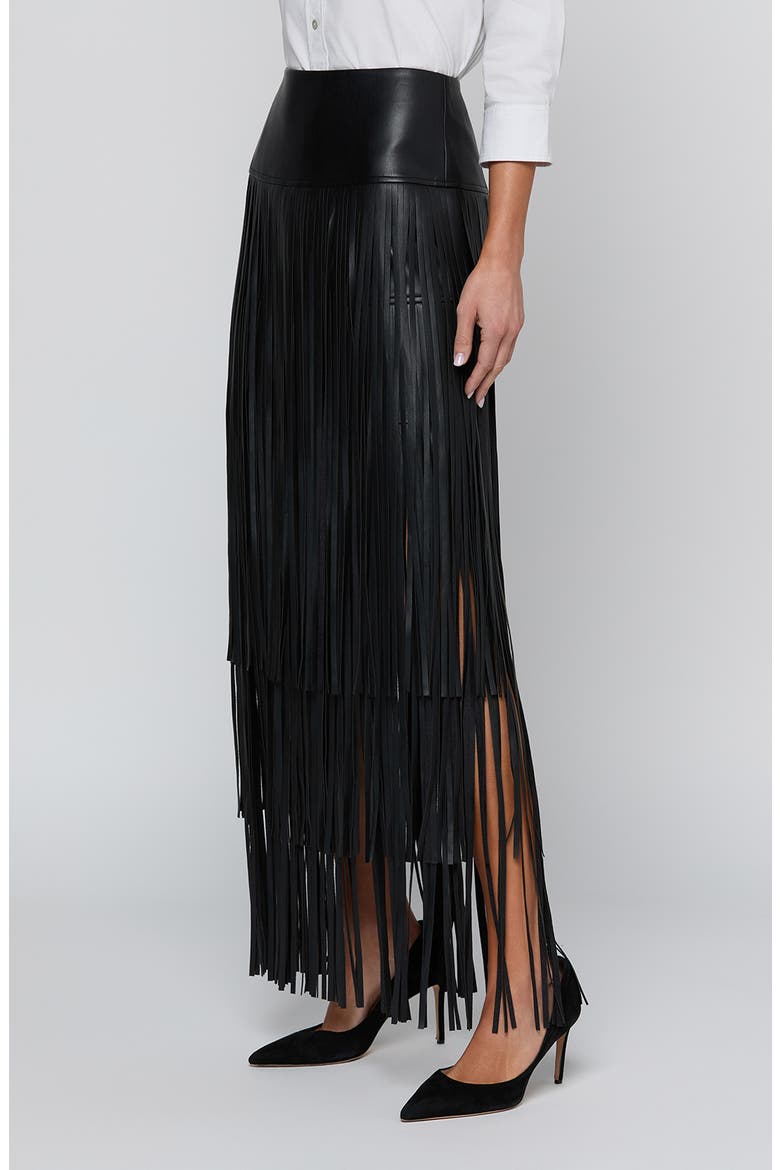 Karoline Faux Leather Maxi Fringe Skirt, Alternate, color, BLACK