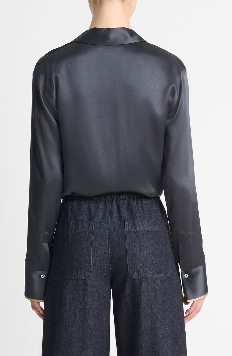 Vince Tipped Collar Silk Button-Up Shirt, Alternate, color, Graphite/ Rye