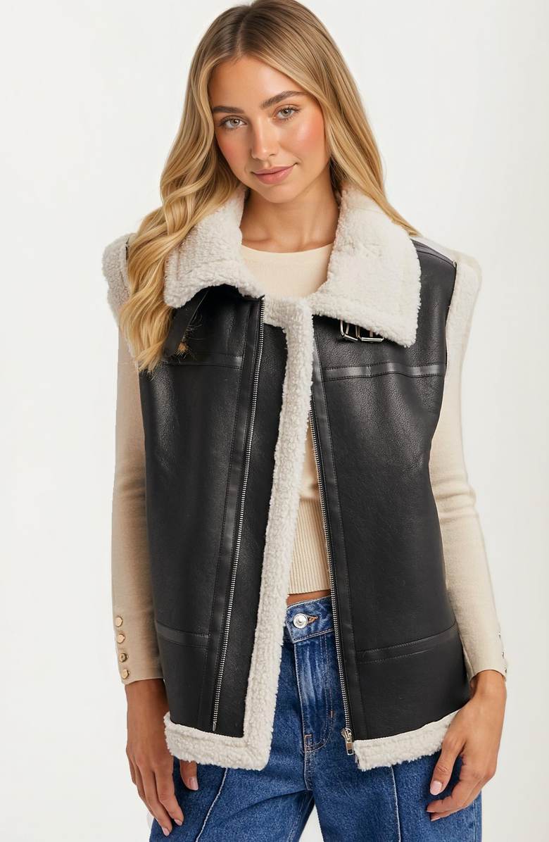 Knit and Lounge Zip-Front Faux Leather Shearling Vest, Main, color, 