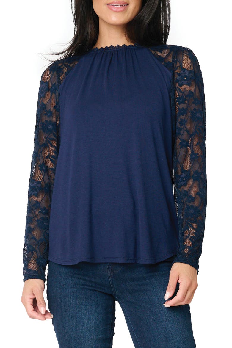 Cyndi Mix Velvet & Lace Sleeve Top, Main, color, ROYAL NAVY