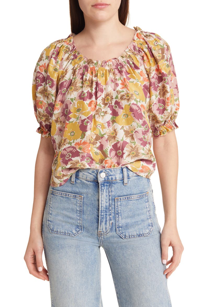 The Garland Floral Print Silk Blouse, Main, color, GOLDEN LILAC FLOWER