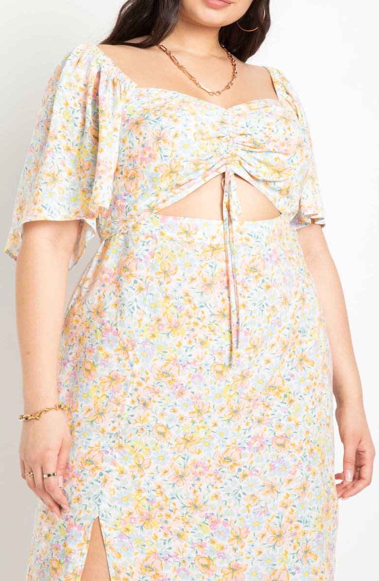 ELOQUII Cinched Front Floral Midi A-Line Dress, Alternate, color,