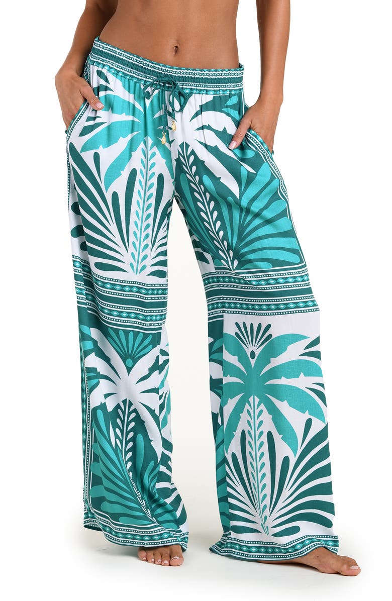 Sunshine 79 Patchwork Palms Cover-Up Wide Leg Pants, Main, color, Turquoise