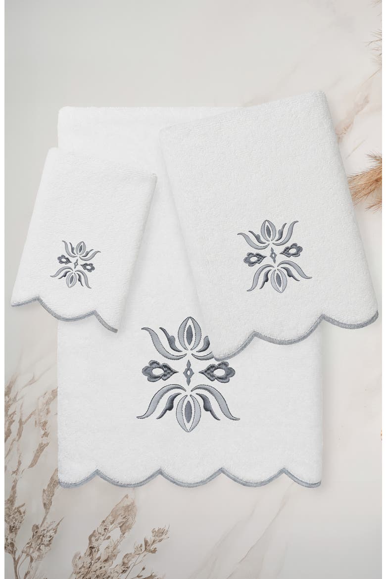 Flower Crest Scallop 3-Piece Towel Set, Alternate, color, WHITE/ GRAY