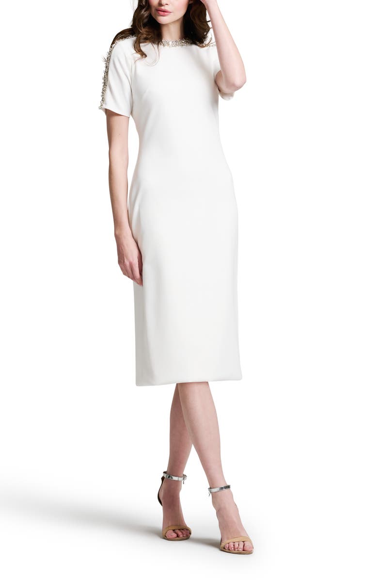 EMILY SHALANT Crystal Bead Detail Crepe Cocktail Midi Dress, Alternate, color, 