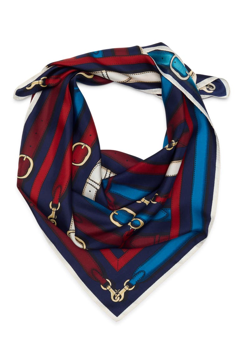 Multi Belt Print Silk Square Scarf, Alternate, color, NAVY MULTI