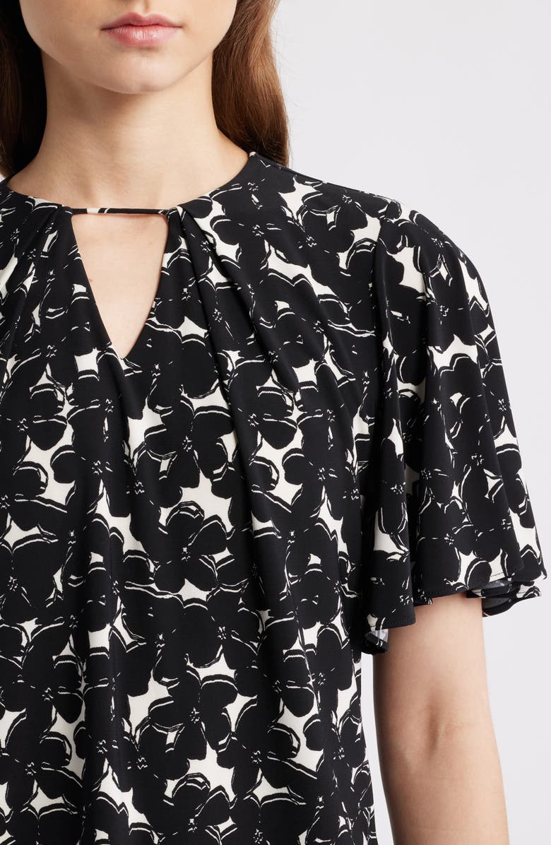 Anne Klein Floral Print Pleat Neck Top, Alternate, color, Anne Black/ White Dove