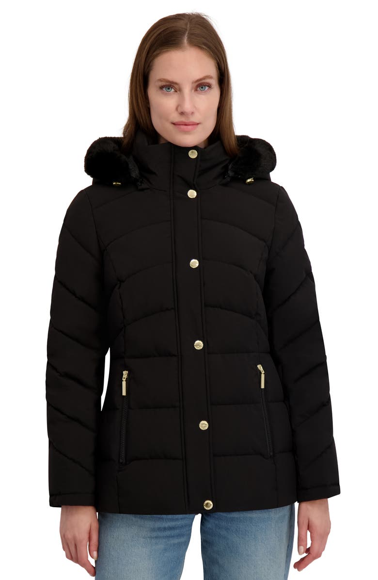 Laundry by Shelli Segal Hooded Puffer with Faux Fur Trim, Alternate, color, Black