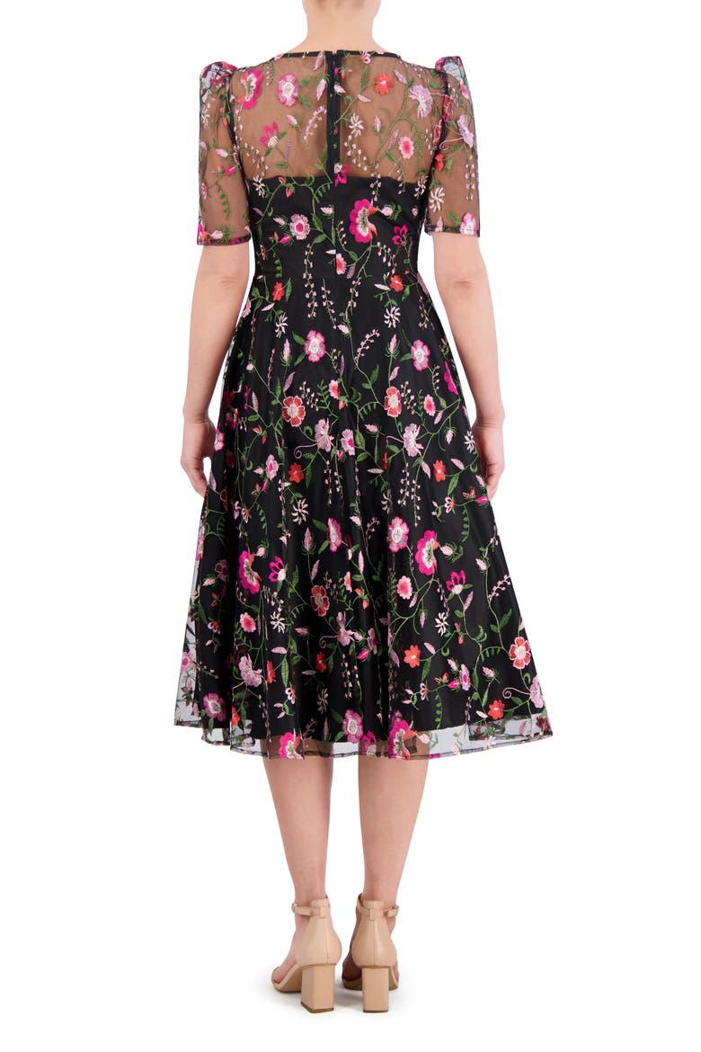 Embroidered Illusion Neck Cocktail Midi Dress, Alternate, color, BLACK MAGENTA