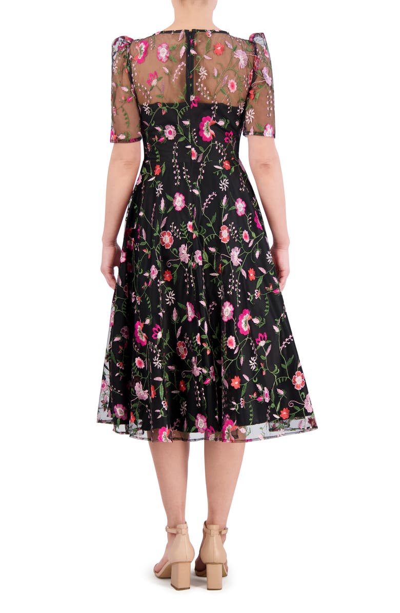 Eliza J Embroidered Illusion Neck Cocktail Midi Dress, Alternate, color, Black Magenta