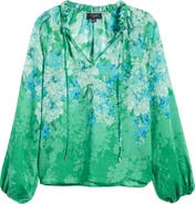 Tahari ASL Floral Ruffle Balloon Sleeve Chiffon Top