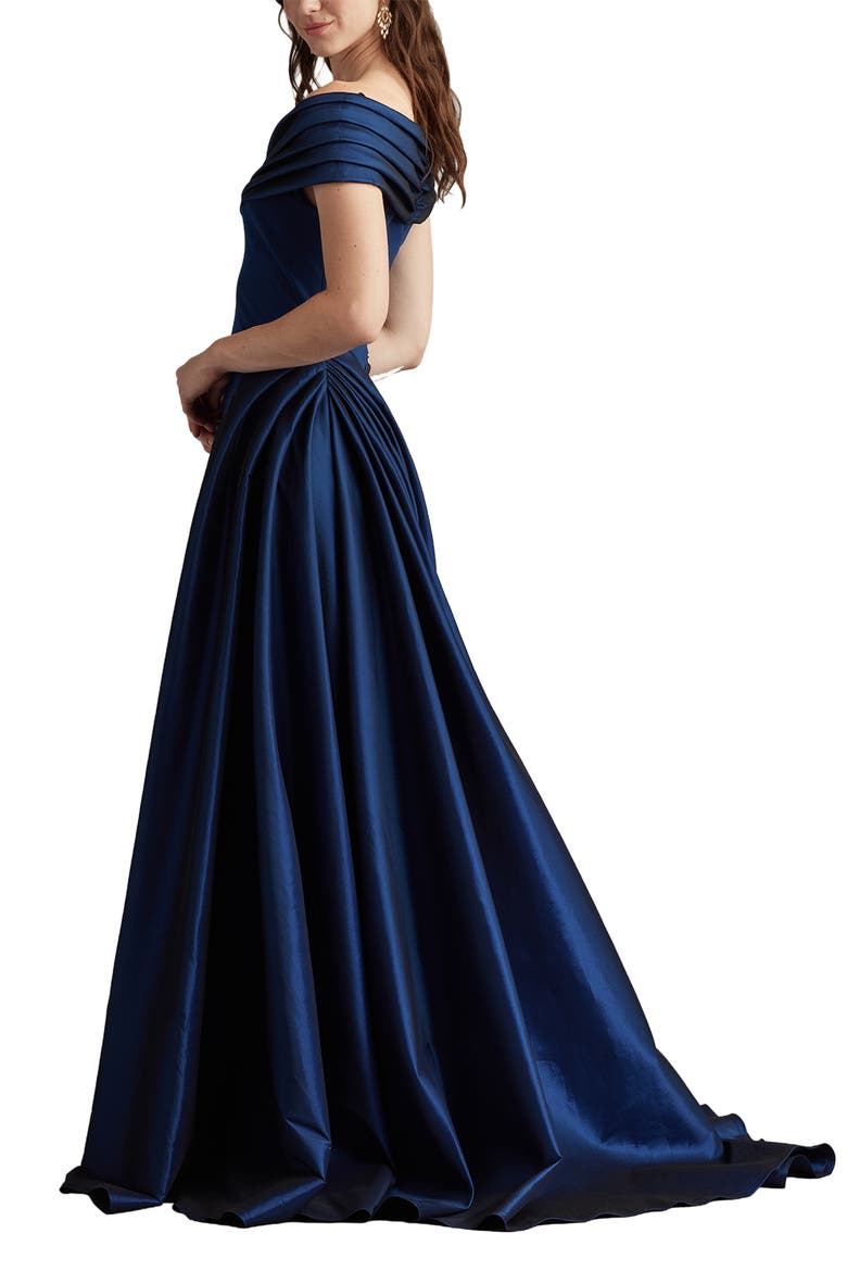Off the Shoulder Crepe & Taffeta Gown, Alternate, color, NAVY
