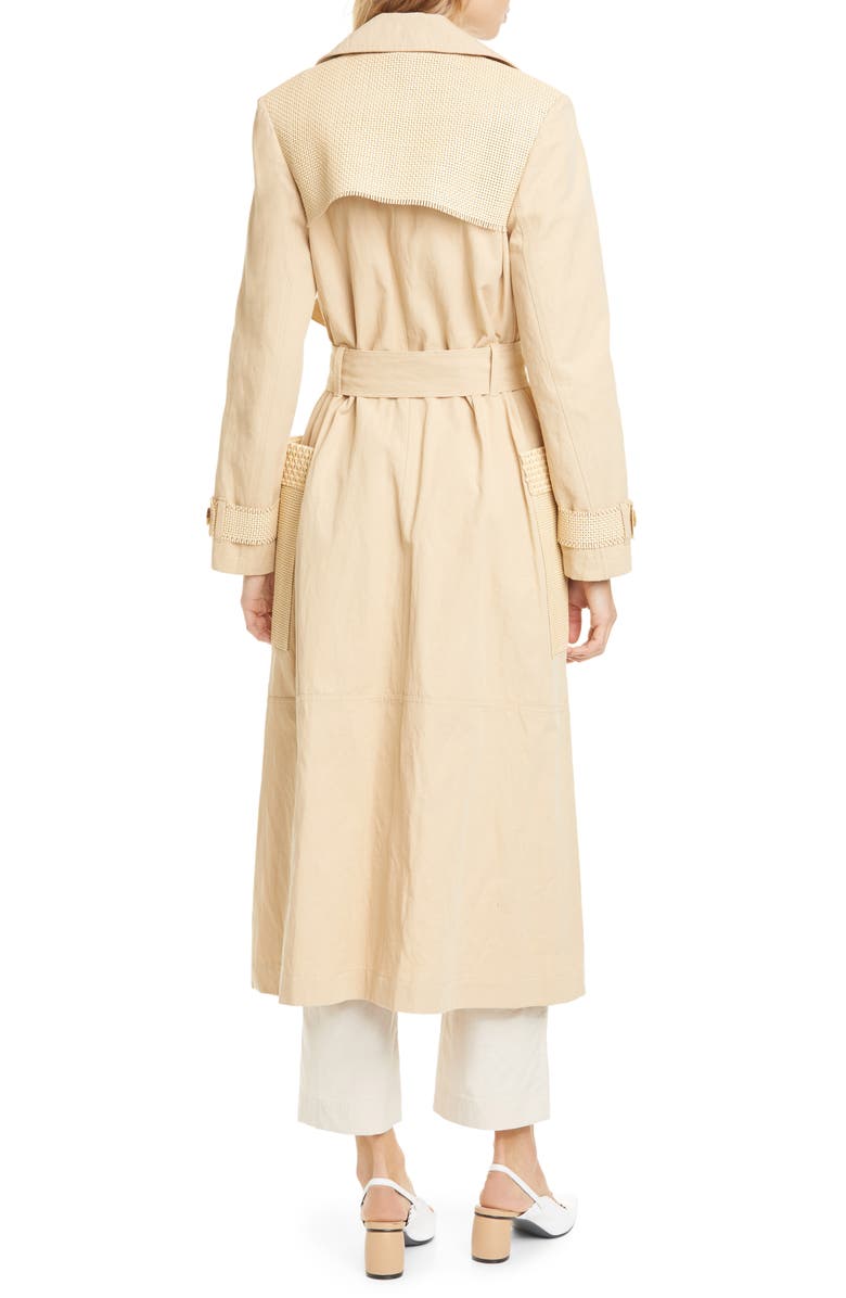 Nanushka Alex Vegan Leather Trim Cotton & Linen Trench Coat, Alternate, color,