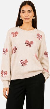 Yumi Relaxed Knit Sequin Bow Jumper