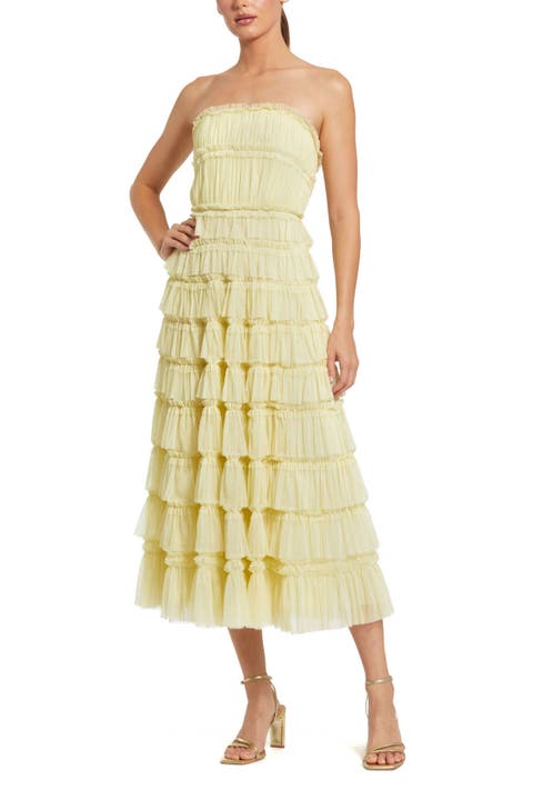 Solid Mesh Micro Ruffle Strapless Midi Dress