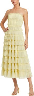 Mac Duggal Solid Mesh Micro Ruffle Strapless Midi Dress