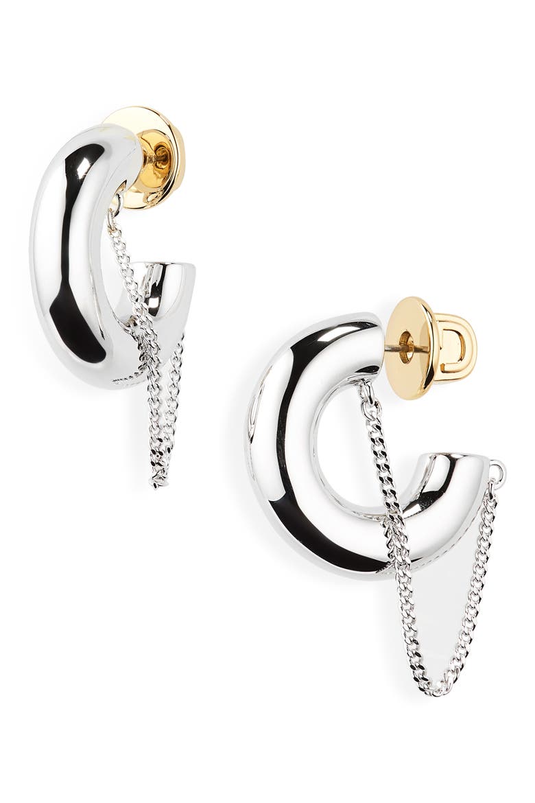 Mini Miley Chain Detail Hoop Earrings, Main, color, SILVER