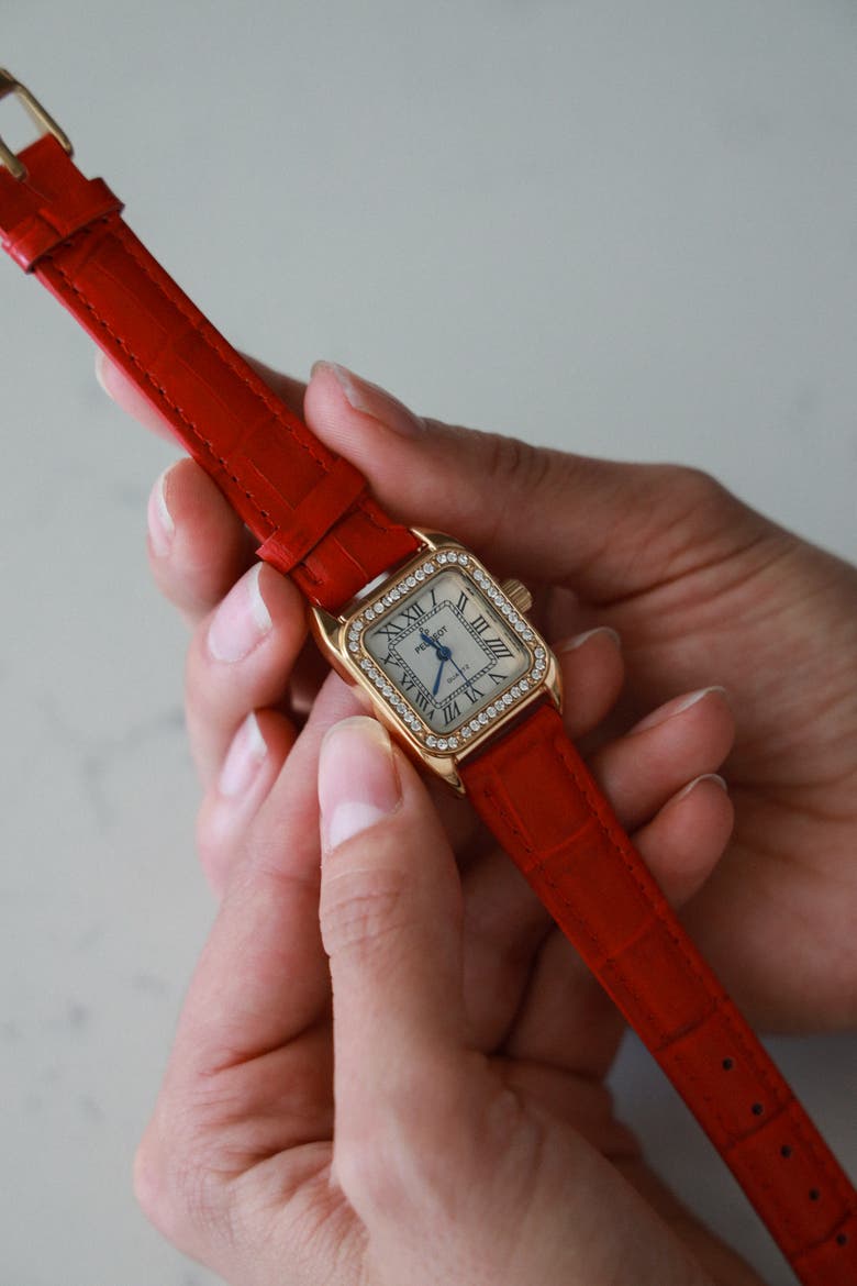 Status Square Crystal Bezel Leather Watch - 34x24MM, Alternate, color, Red