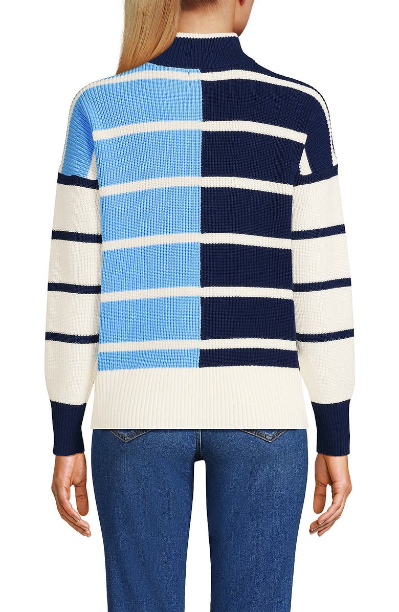 Lands' End Drifter Cotton Quarter Zip Pullover Sweater, Alternate, color, Deep Sea/Fresh Ivory Stripe