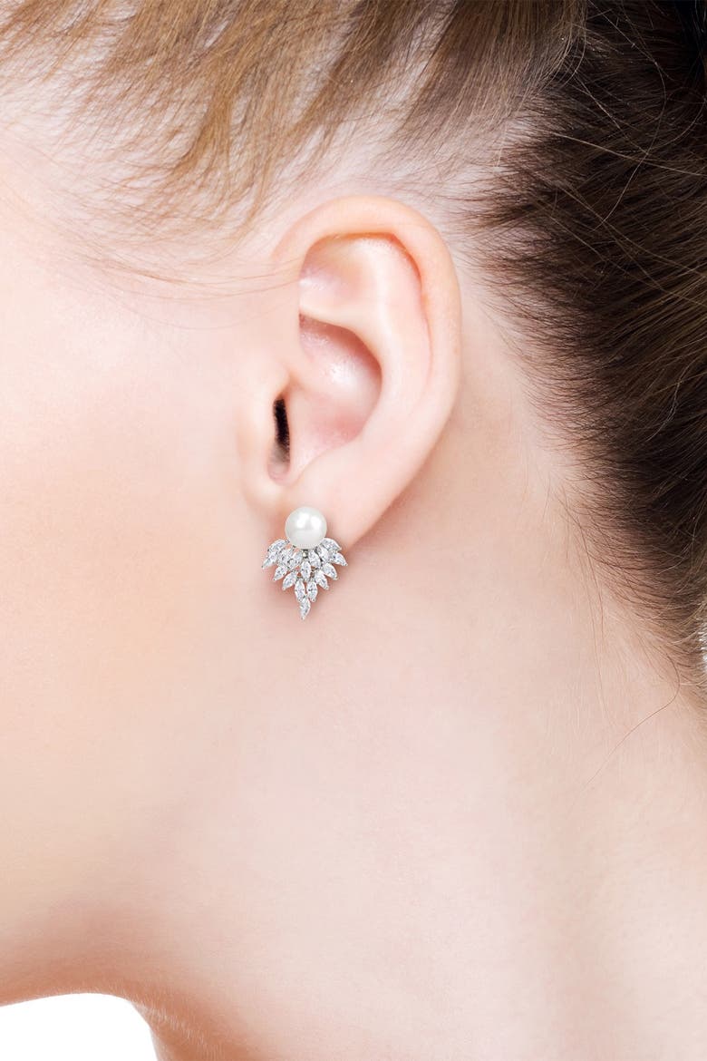 Marquise Cluster CZ & Pearl Earrings, Alternate, color, WHITE-CLEAR-SILVER