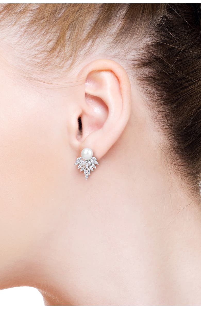 CZ by Kenneth Jay Lane Marquise Cluster CZ & Pearl Earrings, Alternate, color, White-Clear-Silver