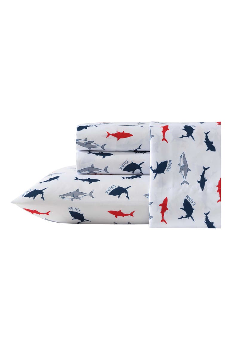 Branson Sharks Microfiber Sheet Set, Main, color, NAVY SEAS/ RED