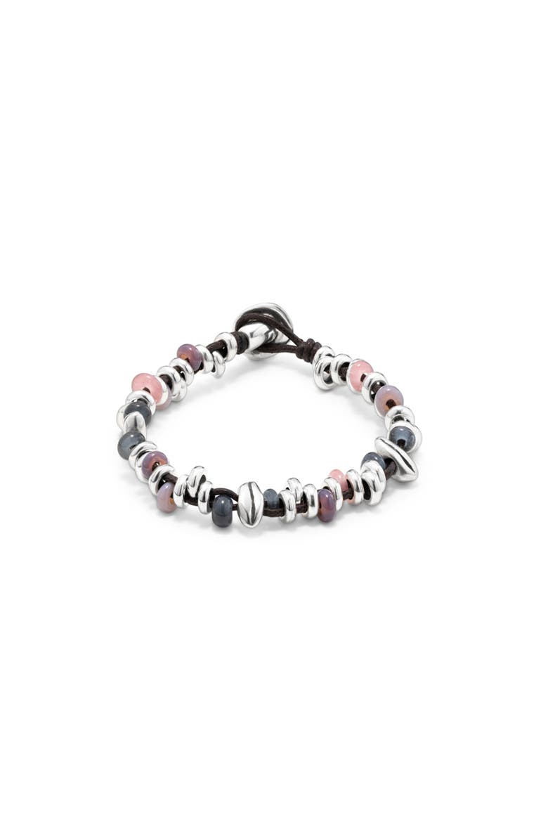 Braided Leather and Bead Bracelet, Main, color, Silver