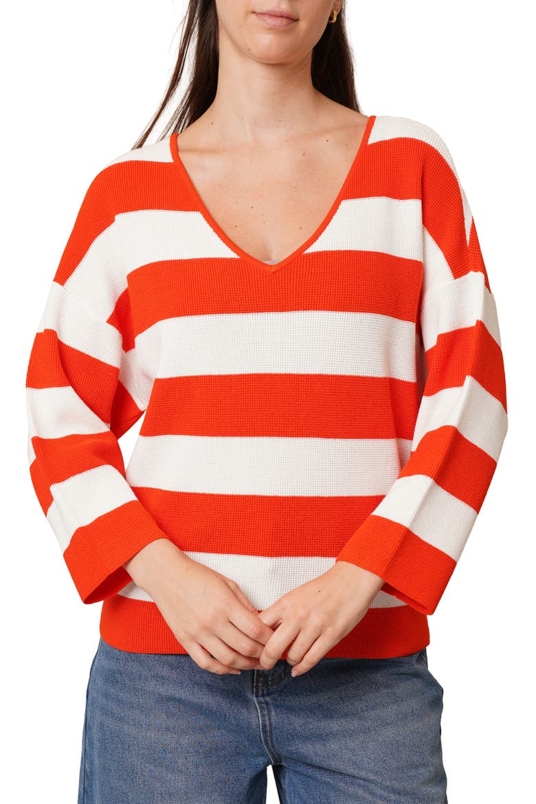 Stripe V-Neck Waffle Knit Sweater, Main, color, TANGERINE TANGO/ BRIGHT WHITE