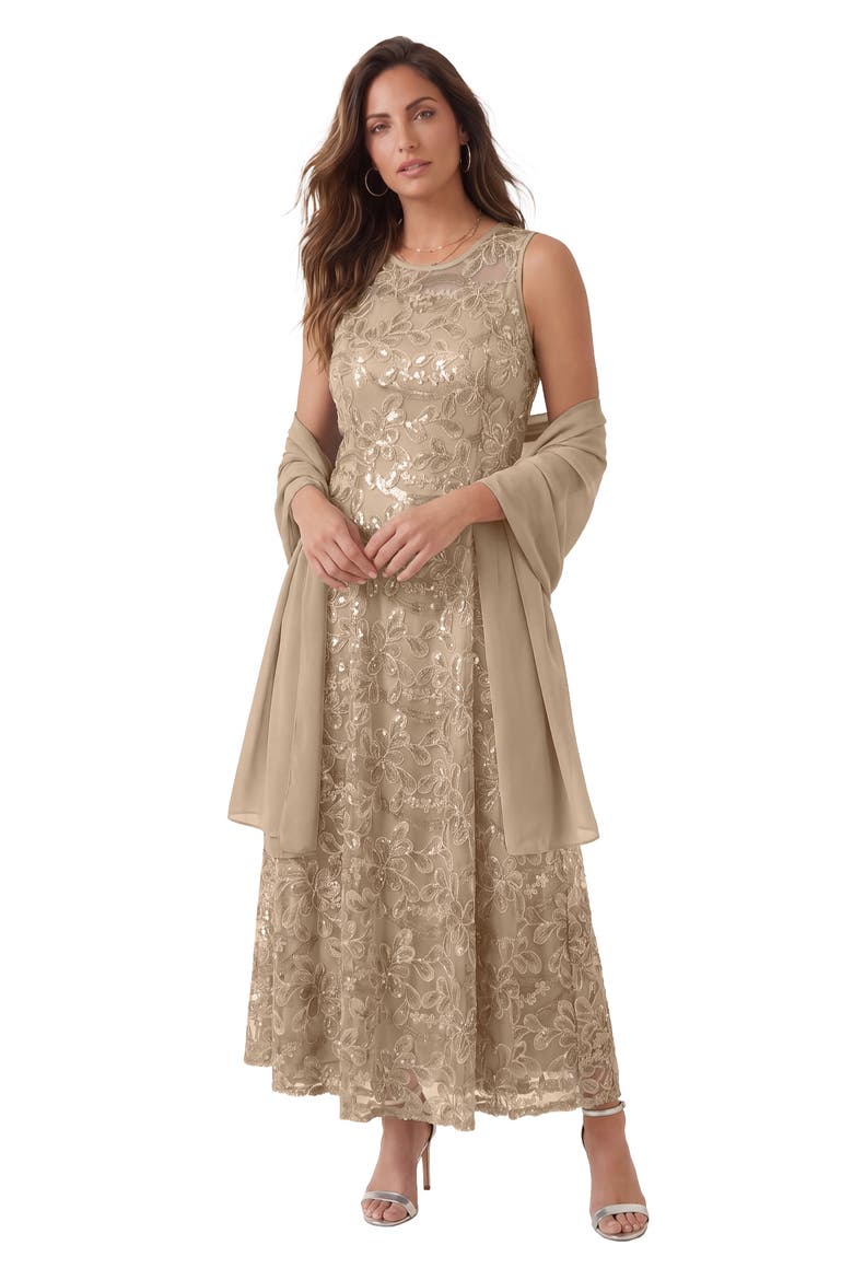 Plus Size Allover Lace Embellished Shawl Gown, Main, color, SPARKLING CHAMPAGNE
