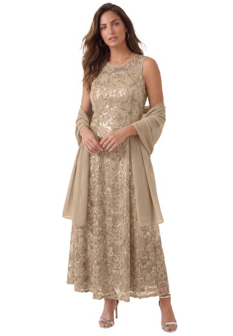 Plus-Size Allover Lace Embellished Shawl Gown (Plus)