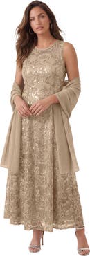 Roaman's Plus Size Allover Lace Embellished Shawl Gown