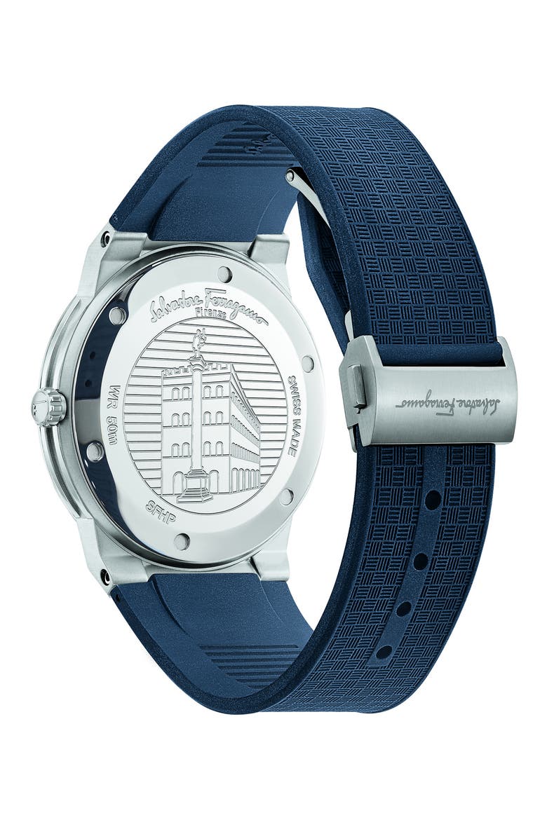 Salvatore Ferragamo Sapphire Rubber Strap Watch, 41mm, Alternate, color, STSTL