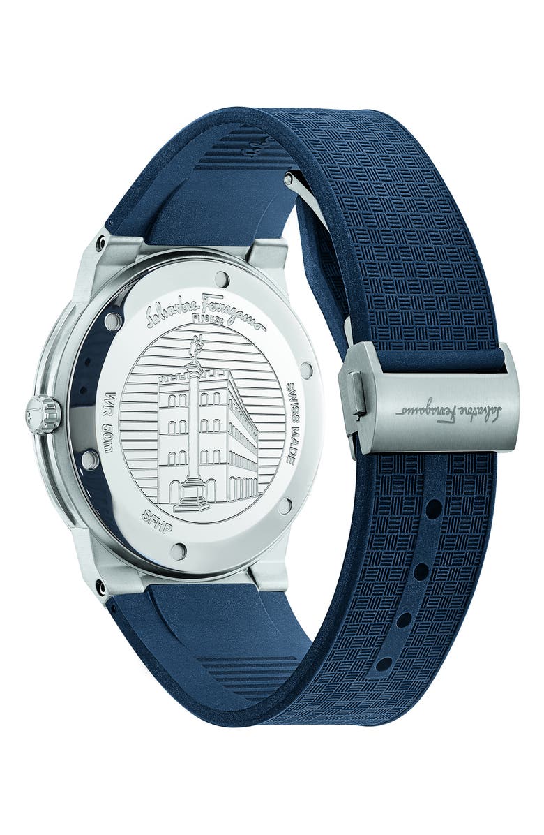 FERRAGAMO Salvatore Ferragamo Sapphire Rubber Strap Watch, 41mm, Alternate, color, Blue/ Silver
