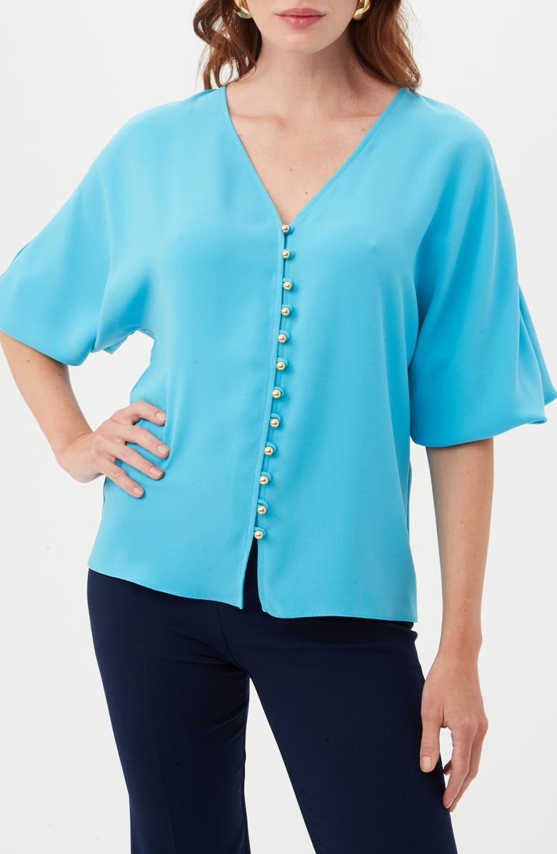 Trina Turk Sail Puff Sleeve Button-Up Top, Main, color, Below Deck Blue