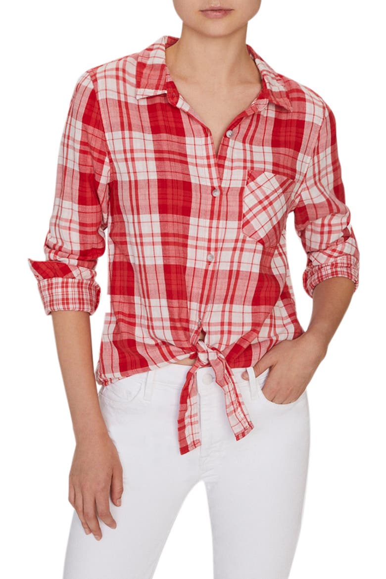 Hayley Tie Front Blouse, Main, color, POP OF LOVE PLAID