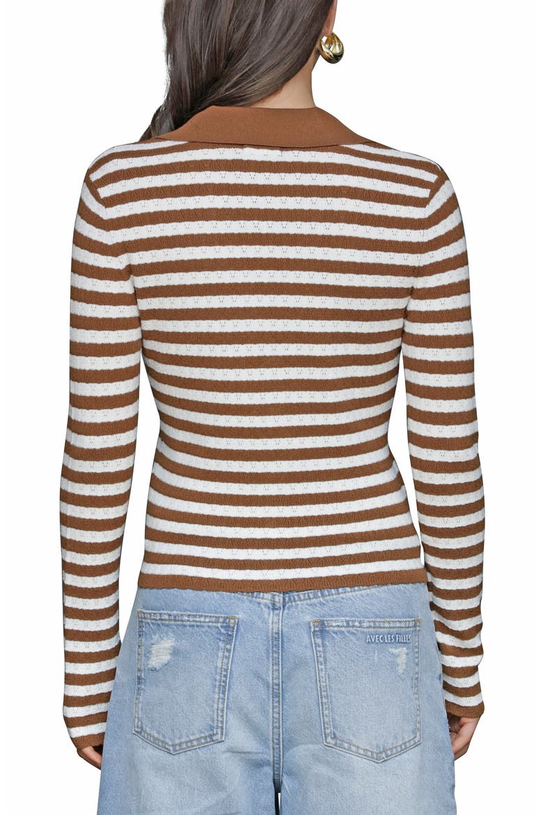 Striped Pointelle Polo Cardigan, Alternate, color, BROWN/ BEIGE