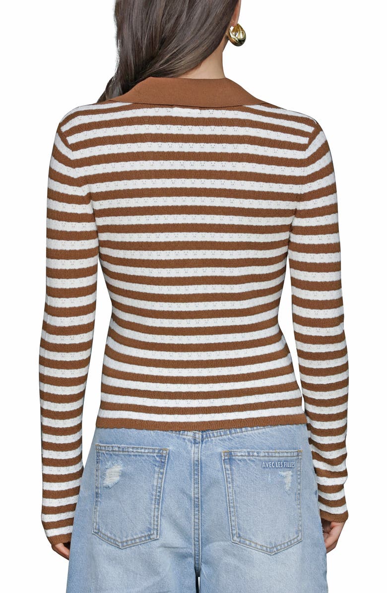 Avec Les Filles Striped Pointelle Polo Cardigan, Alternate, color, Brown/ Beige