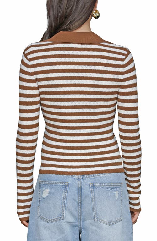 Avec Les Filles Striped Pointelle Polo Cardigan In Brown