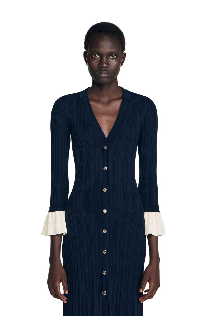 SANDRO Two-tone knit midi dress, Alternate, color, Navy Blue