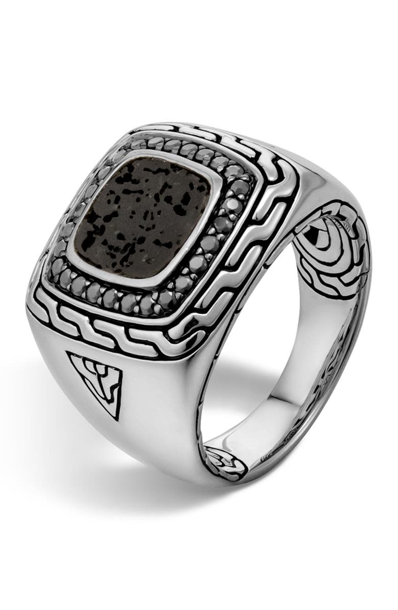 John Hardy Men's Classic Chain Sterling Silver Pave Black Sapphire Lava Stone Signet Ring, Main, color, 